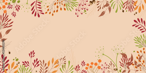Horizontal Autumn background with different flower and botanical leaves. copy space.