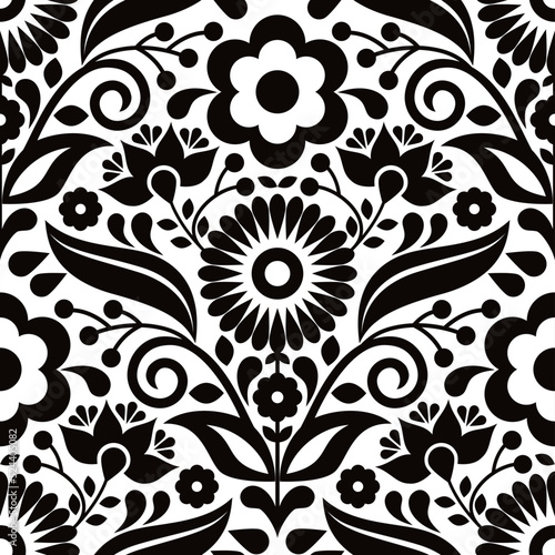 Mexican folk art seamless vector pattern with flowers and leaves, textile or fabric print design inspired by traditional embroidery crafts from Mexico
