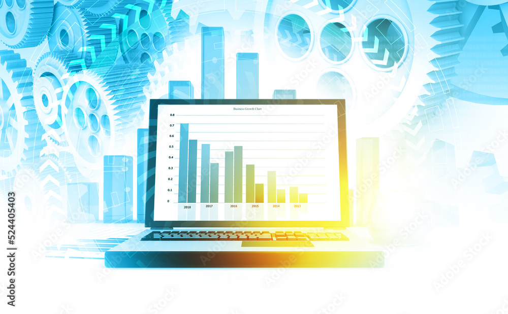 Fototapeta premium Global industrial growth graph chart, laptop, gear, with business chart. 3d illustration.