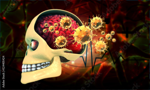 Human skull and brain with virus. 3d illustration.