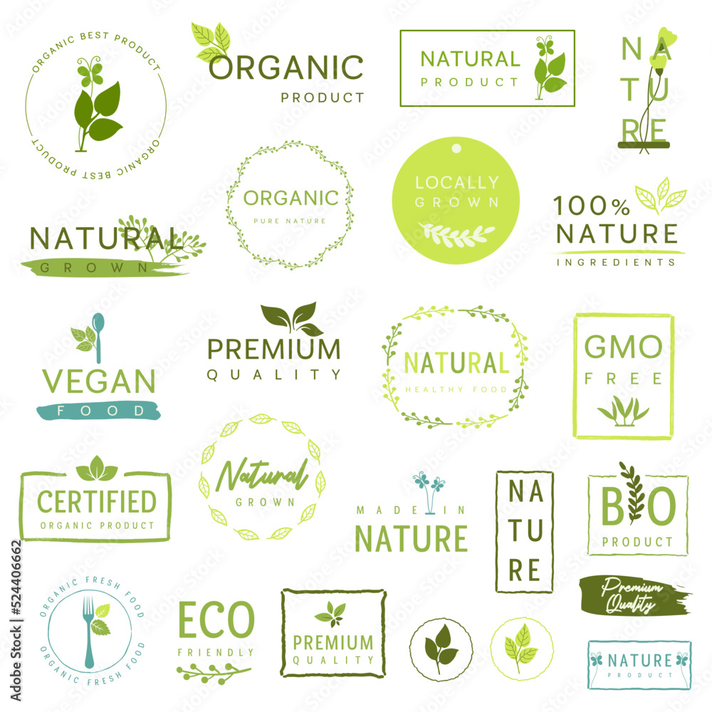 Organic food, natural product sign and stickers for food market. 