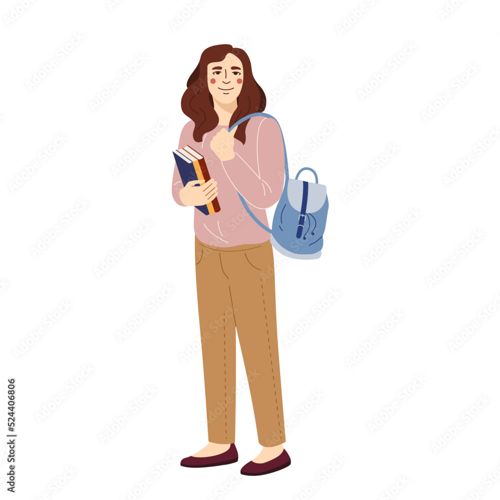 A young attractive girl is standing with books. A student with a backpack on her shoulder holds textbooks. Vector cute flat illustration isolated on white background. A young attractive girl is standing with books. A student with a backpack on her shoulder holds textbooks. Vector cute flat illustration isolated on white background.