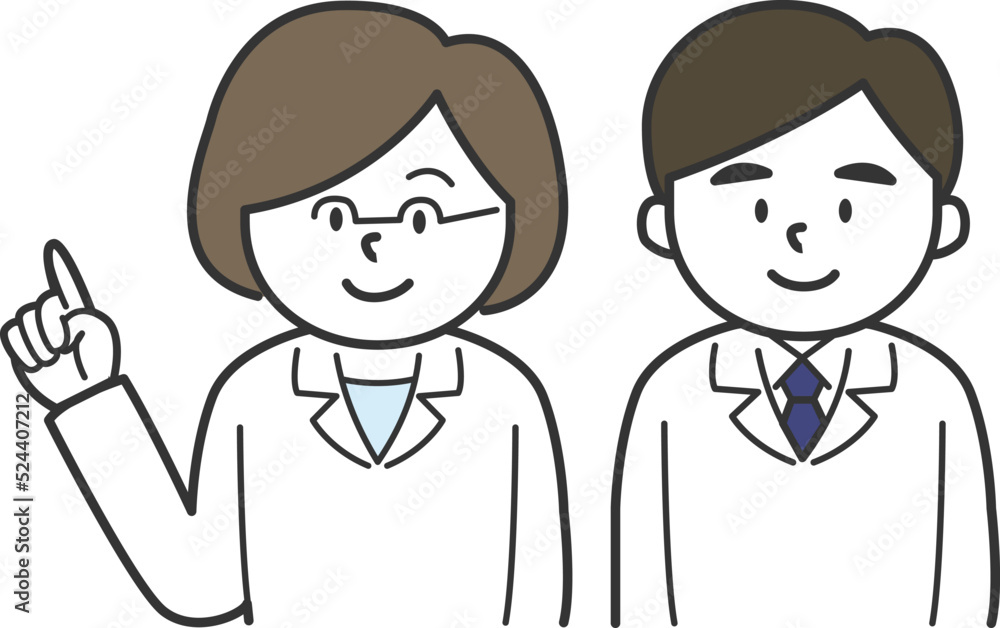 Set of female doctor/pharmacist in glasses pointing and smiling man Set of female doctor/pharmacist in glasses pointing and smiling man