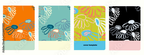 Cover page vector templates based on seamless patterns with hand drawn Echinacea flowers. Background for school exercise books  notebooks  diaries