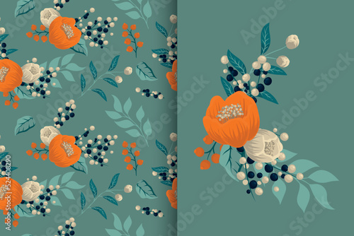 Flower bouquet with seamless pattern. Floral background set