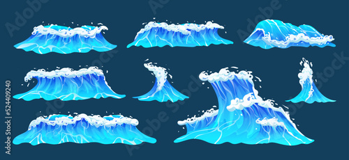 Cartoon ocean waves collection. Set of blue sea waves with white foam vector illustration