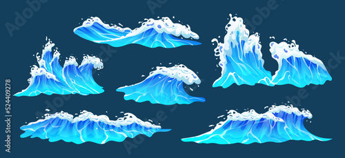 Blue sea waves with white foam collection. Ocean waves, surf and water splashes Illustration set