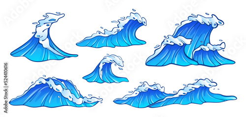 Sea waves vector illustration collection. Set of blue ocean waves with white foam in cartoon style