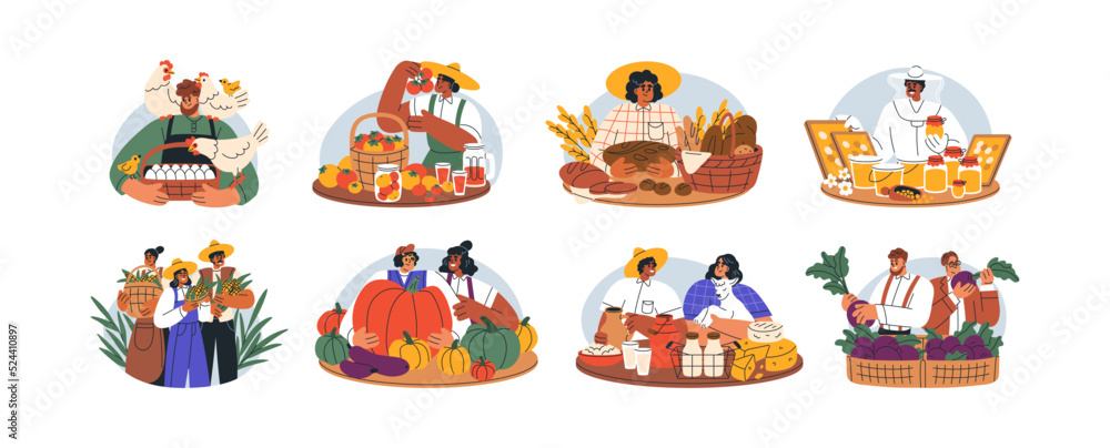 Local farmers present agriculture products, natural farm food. Promoting, selling organic harvest, vegetables, honey, homemade bread. Flat graphic vector illustrations set isolated on white background