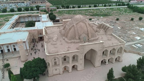 Drone camera is flying around Bahouddin Naqshband mausoleum in eponymous memorial complex near Bukhara photo