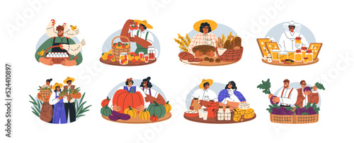Local farmers present agriculture products, natural farm food. Promoting, selling organic harvest, vegetables, honey, homemade bread. Flat graphic vector illustrations set isolated on white background