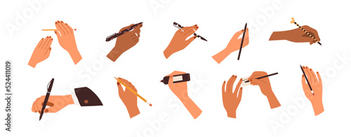 Hands holding pen, pencils, markers, highlighters set. Fingers with drawing, handwriting, freehand writing tools, supplies, office stationery. Flat vector illustrations isolated on white background