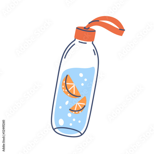 Fruit infused water in recycled bottle with cap, loop. Summer detox drink with orange slices in carbonated aqua. Healthy refreshment lemonade. Flat vector illustration isolated on white background