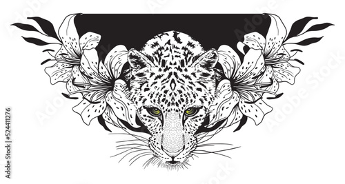 Wallpaper Mural Panther heads in lily flowers. Pencil drawing in a minimalist style, suitable for tattoos, interior decoration, paintings, logo, printing on textiles and t-shirts. Predator. Torontodigital.ca