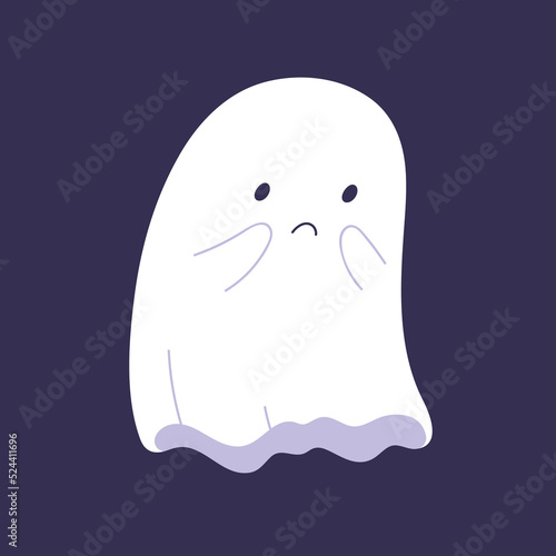 Cute ghost with sad upset face expression. Halloween boo character crying. Baby phantom creature in bad mood. Unhappy kawaii Helloween spook, spirit monster. Isolated flat vector illustration