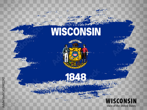 Flag of Wisconsin from brush strokes. United States of America.  Flag State of  Wisconsin with title on transparent background for your web site design, app, UI. USA. EPS10.