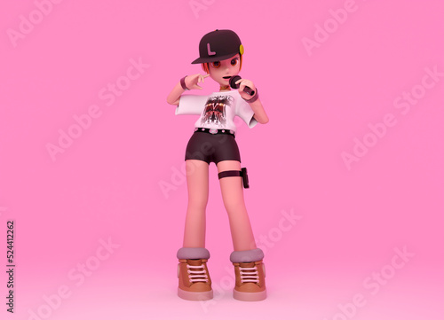 Kpop rapper girl with microphone hands. 3D Illustration 