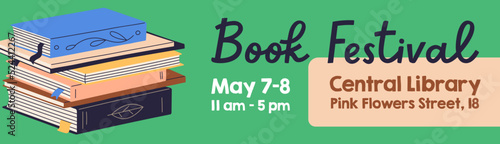 Book festival banner design. Ad background template for literary event, market, fair in library. Abstract literature advertisement, promotion. Reading fest, bookstore promo. Flat vector illustration