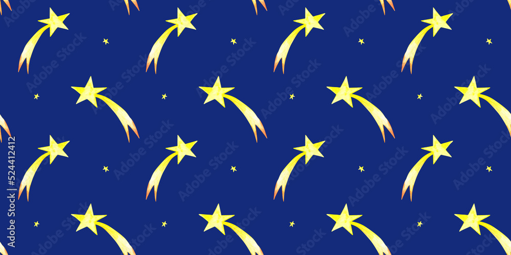 Star falling seamless pattern on a blue background. Watercolor stars endless print. Space illustration. Cute bright stars with rays. Wallpaper. The sweet backdrop for baby fabric in a cartoon style. Star falling seamless pattern on a blue background. Watercolor stars endless print. Space illustration. Cute bright stars with rays. Wallpaper. The sweet backdrop for baby fabric in a cartoon style.