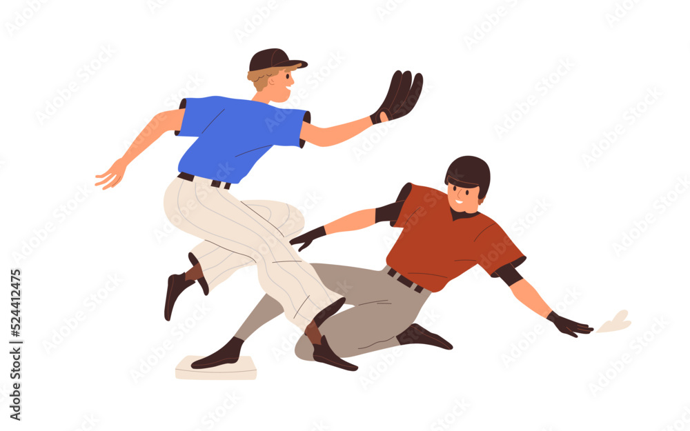 Two baseball players rivals playing, struggling at sport game match, competition. Athletes opponents competitors from different teams at contest. Flat vector illustration isolated on white background