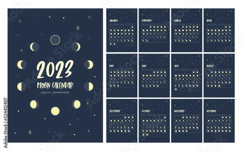 Calendar with all the moon phases foreseen during the year 2023. Poster in vector format. One month per sheet. Isolated icons: can be used independently. Southern Hemisphere Calendar. photo