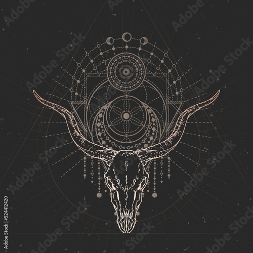 Vector illustration with hand drawn Antelope skull and Sacred geometric symbol on black vintage background. Abstract mystic sign.