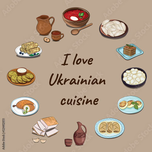 Set of 12 most popular dishes of national Ukrainian cuisine on a square beige banner, flat vector, inscription I love Ukrainian cuisine