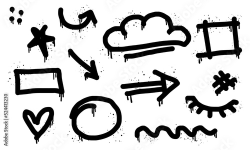Collection of Doodle Spray painted graffiti Arrow, heart, star, circle and box sign in black over white. design element drip symbol.  isolated on white background. vector illustration