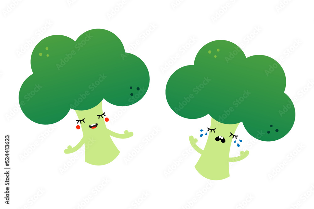 Happy smiling and sad crying cartoon style broccoli characters for food and nature design.
