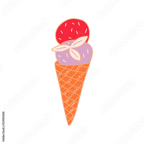 Two scoops ice cream in cone-shaped waffle cup with mint leaves. Colorful vector isolated doodle illustration. Delicious summer dessert. Hand drawn contour clip art