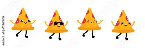 Set, collection of cute cartoon style pizza slice characters for fast food design.
