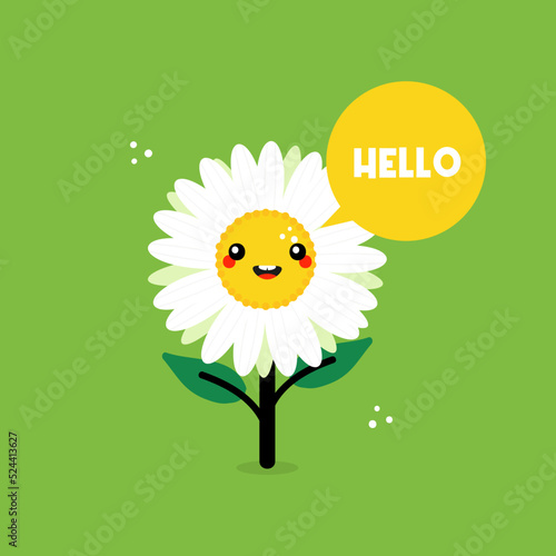 Cute cartoon style camomile, daisy flower character with speech bubble saying hello.