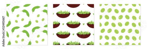 Set, collection of three vector seamless pattern backgrounds with edamame, green soy beans for healthy food and snack design.