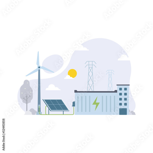 Energy storage system using batteries from sustainable and environmental friendly electricity source design concept vector illustration