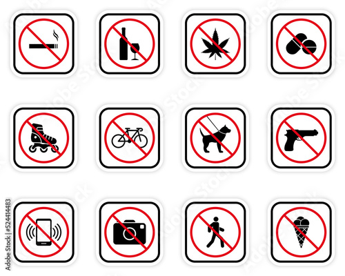 Forbidden Caution Pictogram Set. Restriction Area Ban Black Silhouette Icon Collection. Warning Red Stop Circle Symbol. Alert No Allowed Zone Sign. Prohibited Icon. Isolated Vector Illustration