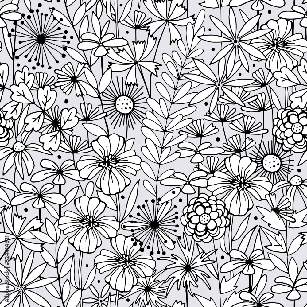 Fototapeta premium Botanical background with different flowers. Coloring book. Seamless floral pattern. Vector illustration.