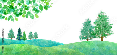 新緑の平原の風景。水彩イラスト（透過背景）