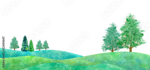 新緑の平原の風景。水彩イラスト（透過背景）