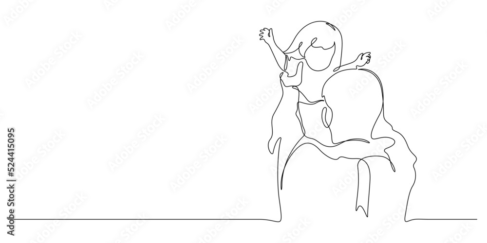 father with daughter in hands up in the air continuous line drawing