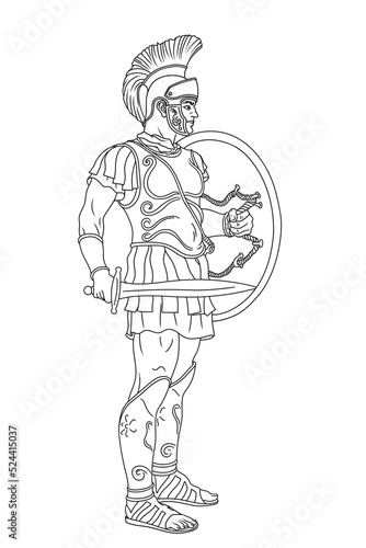 An ancient Roman warrior legionnaire stands with a shield and a sword in his hands. Figure isolated on white background.