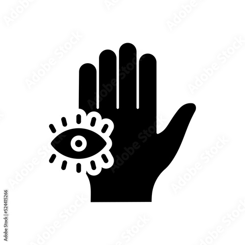 Mystic Hand Palm and All Seeing Eye Silhouette Icon. Magic Providence Fatima Pictogram. Hamsa Egypt Esoteric Occult Amulet Black Icon. Khamsa Conspiracy. Isolated Vector Illustration