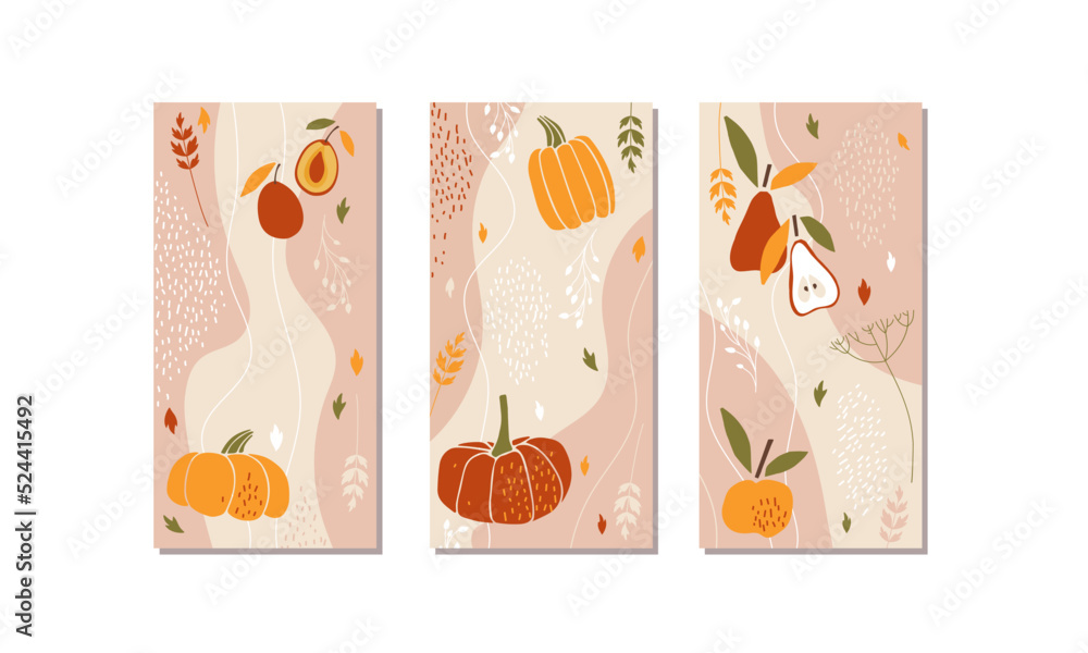 Abstract autumn print set. Fall poster with apple, pears, pumpkin, plum, plant in autumn colors. Trendy collage style For wall art, postcard, cover design, poster, brochure, greeting card template