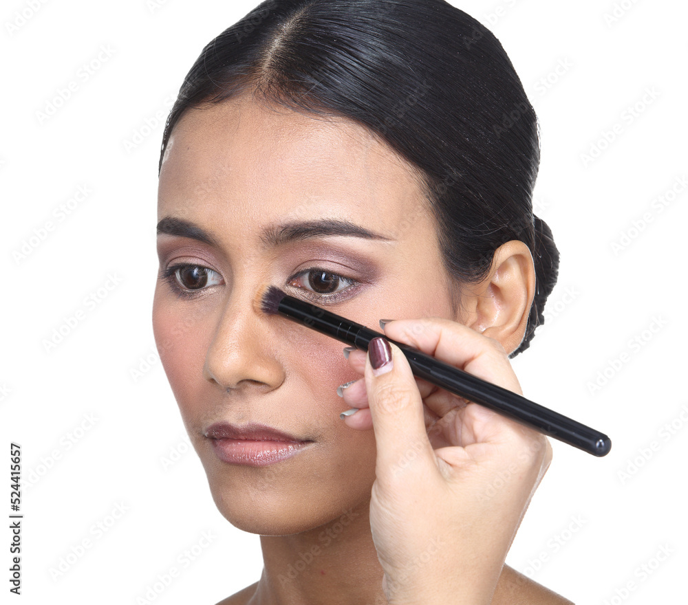 Half body portrait 20s Beautiful Asian black hair woman, fashion cosmetic make up and beautiful face eye lips with clean clear skin, studio lighting white background isolated