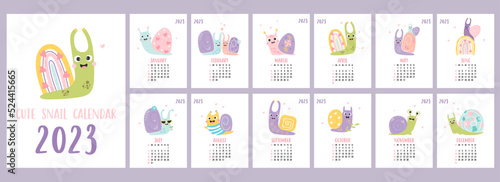 Yearly calendar 2023 template with cute decorative snails on white background. Vertical set of 12 pages and cover in English. Vector. Week from Sunday. Stationery, desk and wall flip calendar.