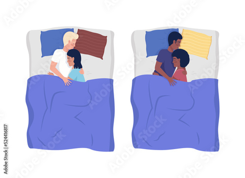 Happy couples sleeping in beds semi flat color vector characters set. Editable figures. Full body people on white. Simple cartoon style illustrations for web graphic design and animation collection