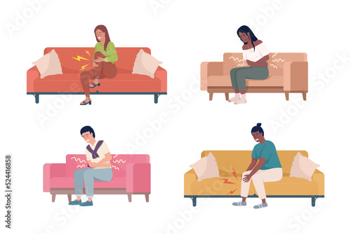 People with abdominal and legs pain semi flat color vector characters set. Editable figures. Full body people on white. Simple cartoon style illustrations for web graphic design and animation pack
