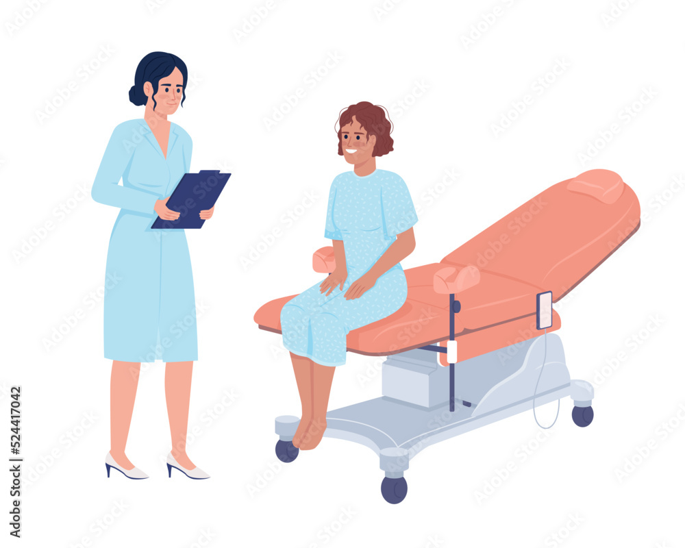 Patient at gynecologist consultation semi flat color vector characters. Editable figures. Full body people on white. Simple cartoon style illustrations for web graphic design and animation