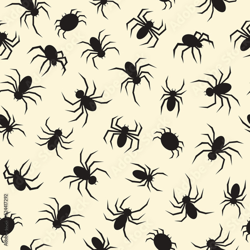 Seamless pattern with black spiders on a beige  background. Simple vector print with spiders theme for halloween © Elena
