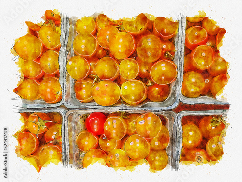 Digital watercolor illustration of sun gold cherry tomatoes in pint containers at a farmers market stand, rustic country look bright and cheery with freshness and healthy organic food positive emotion