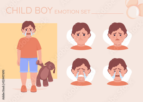 Offended little boy crying semi flat color character emotions set. Editable facial expressions. Sadness vector style illustration for motion graphic design and animation. Quicksand font used